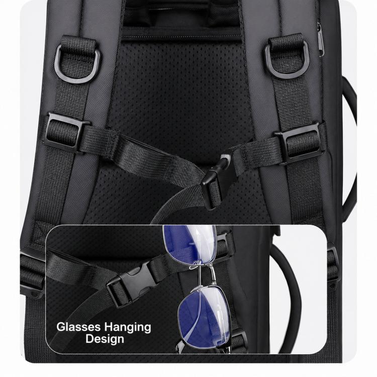 Black backpack interior with hanging glasses strap and adjustable harness straps