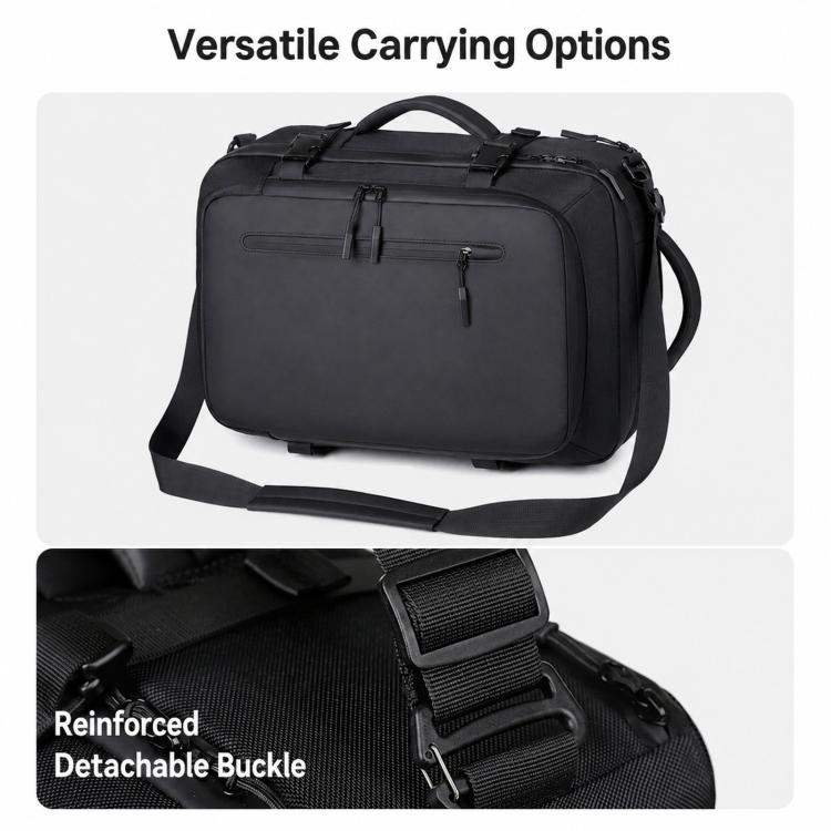 Black convertible backpack with top handle, shoulder strap, and reinforced detachable buckle
