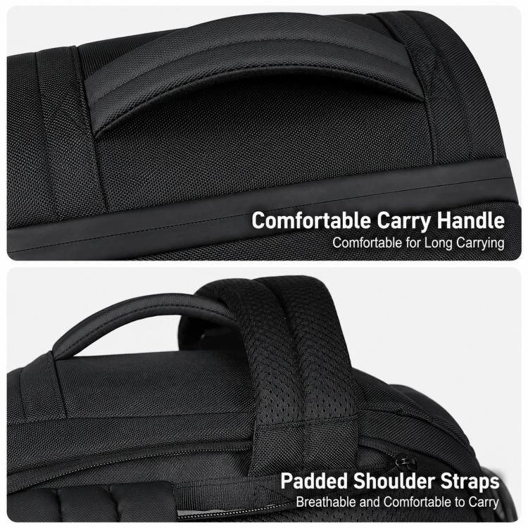 Black backpack with padded shoulder straps and comfortable top carry handle
