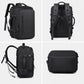 Black convertible backpack with top handle and adjustable shoulder straps, front zip pocket