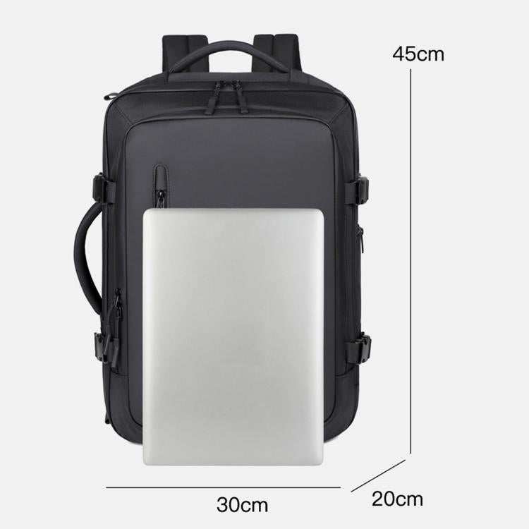 Black backpack dimensions 45cm x 30cm x 20cm with front laptop sleeve