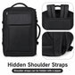 Black textured backpack with hidden zip shoulder straps and front storage panel