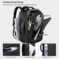 Black travel backpack with multiple compartments and front slip and mesh pockets