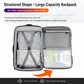 Black backpack with wide-opening compartments and internal organizer panel
