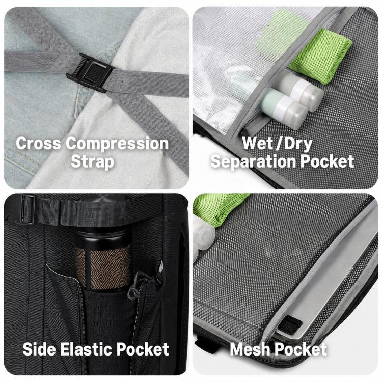 Black backpack detail: compression strap, side elastic pocket, and mesh pocket