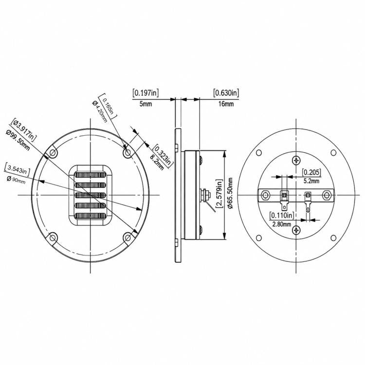 Line-drawing of circular tweeter with dimensions and mounting-hole layout