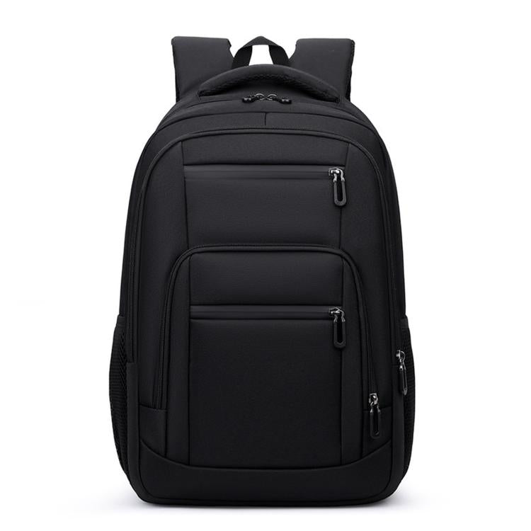 Large black water-resistant travel laptop backpack with top handle and front zipper pockets