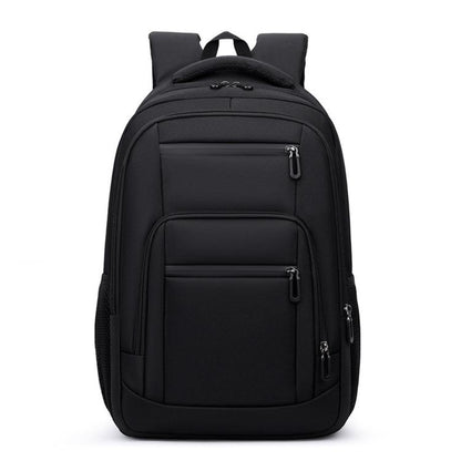 Large black water-resistant travel laptop backpack with top handle and front zipper pockets