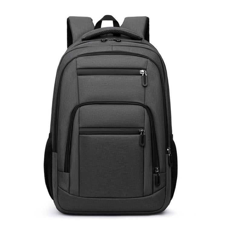 Large gray water-resistant travel laptop backpack with top handle and front zipper pockets