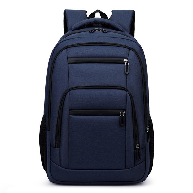 Large blue water-resistant travel laptop backpack with top handle and front zipper pockets