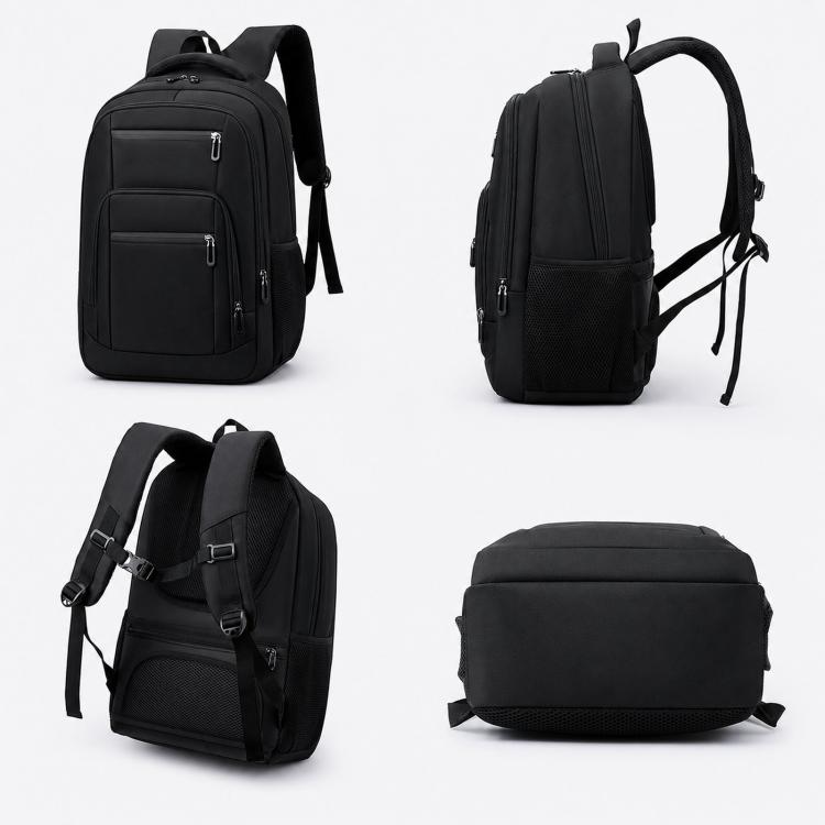 Large black travel laptop backpack shown from front, side, back, and bottom views