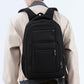 Black backpack worn on back; front and side zippers with padded shoulder straps