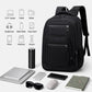 Large black travel laptop backpack with multiple front compartments and side pockets