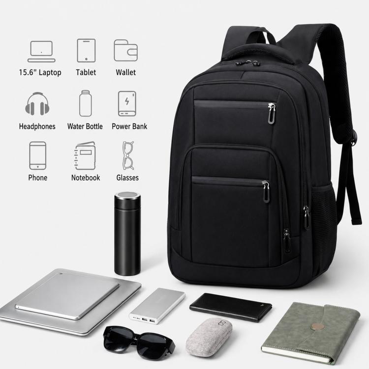 Large black travel laptop backpack with multiple front compartments and side pockets