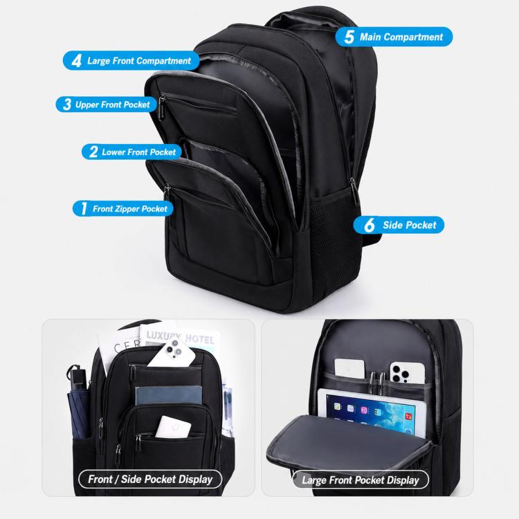 Large black laptop backpack with front zip pockets, padded interior compartment, and side pocket