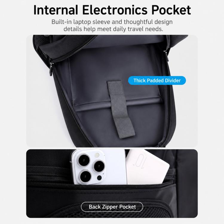Large black laptop backpack interior with padded divider and back zipper electronics pocket