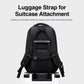 Large black laptop backpack with rear luggage strap for suitcase attachment