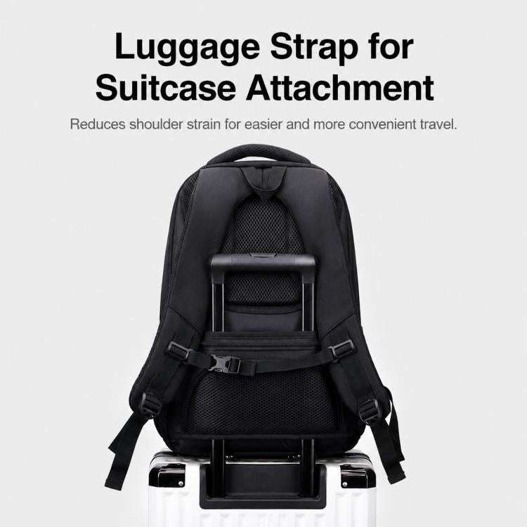 Large black laptop backpack with rear luggage strap for suitcase attachment