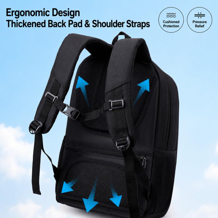 Large black laptop backpack with padded back panel, breathable mesh, and adjustable shoulder straps