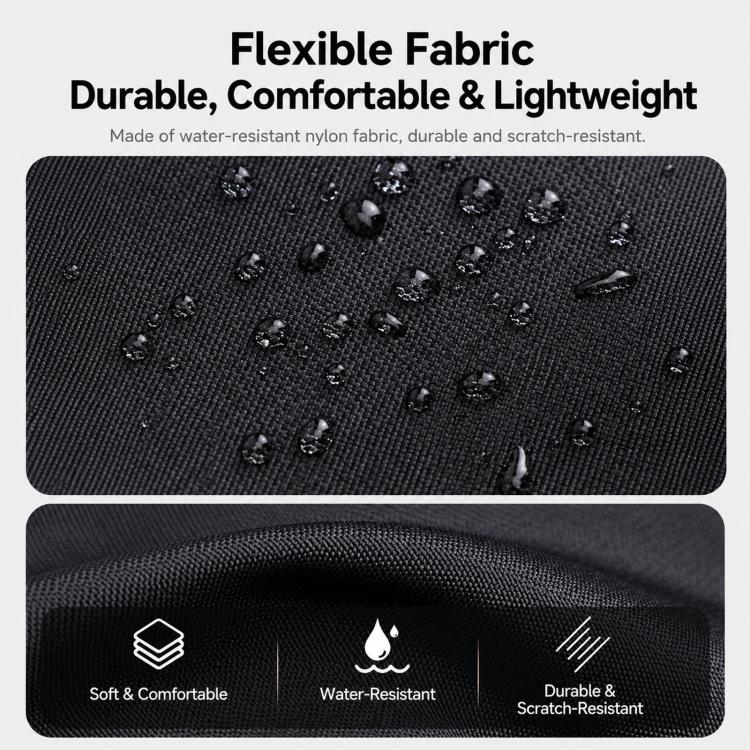 Black water-resistant nylon backpack fabric with textured pattern and water droplets