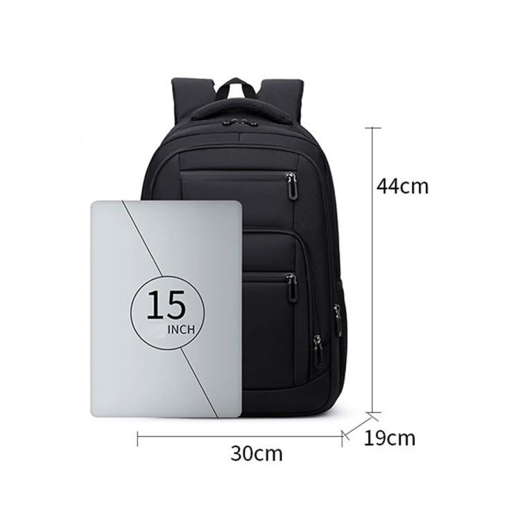 Black backpack fits 15-inch laptop; 44cm height with front zipper compartments