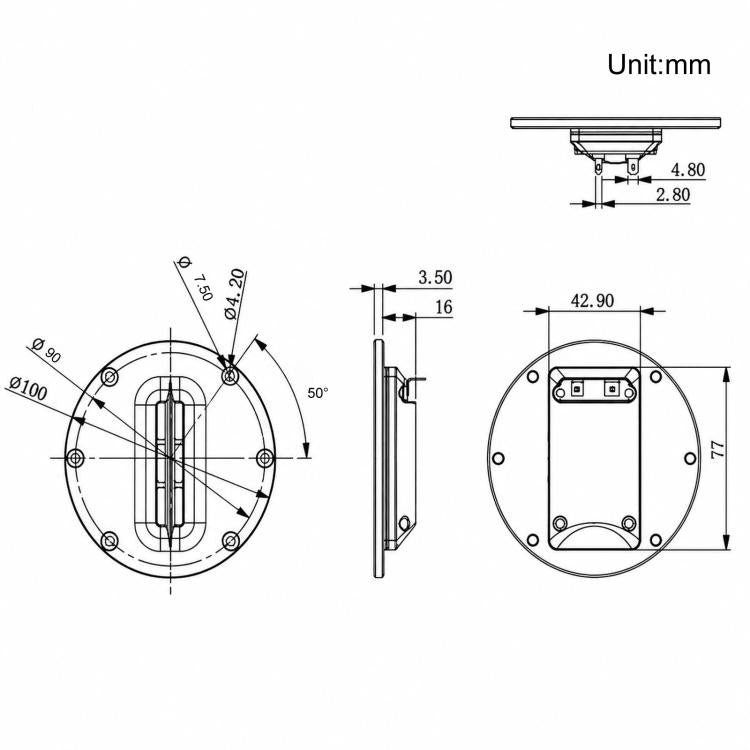 Technical diagram of round aluminum tweeter horn with mounting holes and bracket