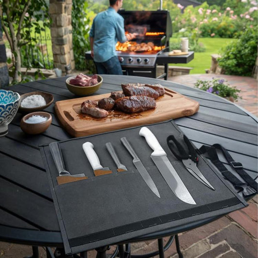 Canvas Roll Bag With 6 Pockets BBQ Knife Utensil Holder Camping Tool Organizer