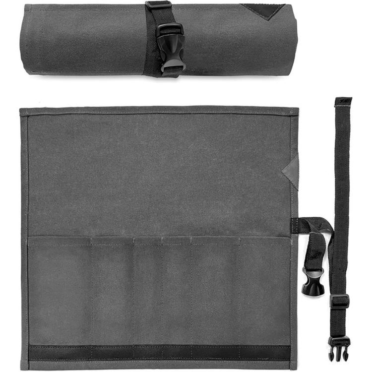 Canvas Roll Bag With 6 Pockets BBQ Knife Utensil Holder Camping Tool Organizer