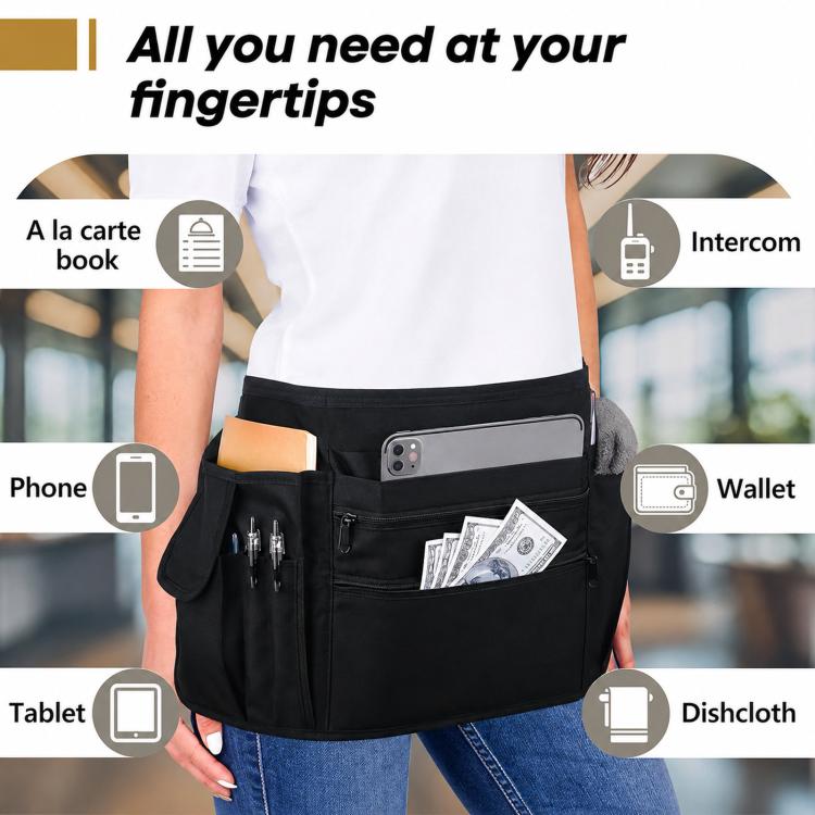 Server Apron with Pockets Water-Resistant Waist Apron for Waitress Waiter with Adjustable Buckle Strap