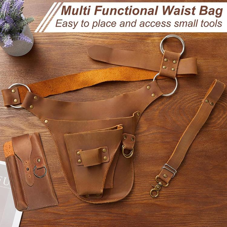 Brown leather multi-pocket waist bag with hanging D-ring and separate small front pouch