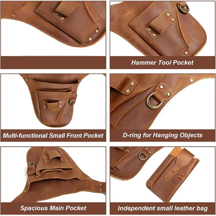 Brown leather tool waist bag detail: small front pocket, D-ring, and main pouch