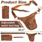 Brown leather adjustable waist tool belt bag with detachable side pouch and D-rings