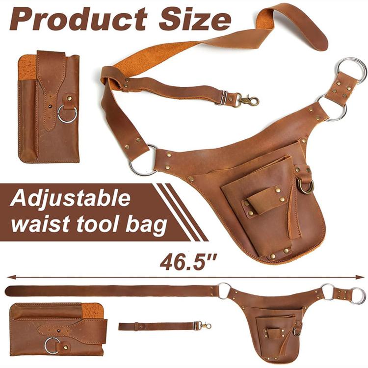 Brown leather adjustable waist tool belt bag with detachable side pouch and D-rings