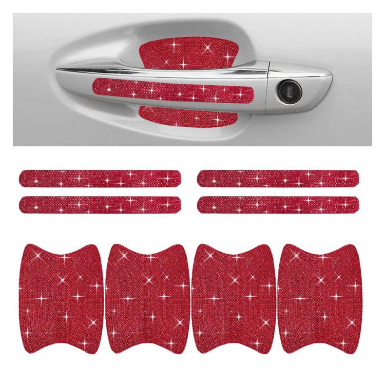 Rhinestone car door handle sticker set, red sparkle, 8-piece