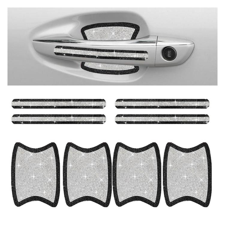 Rhinestone car door handle sticker set, black and silver sparkle, 8-piece