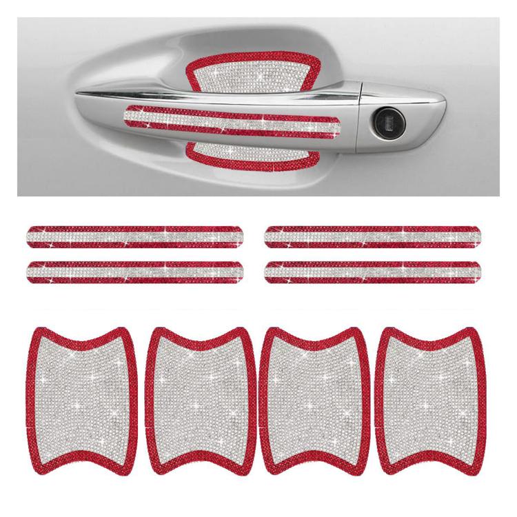 Rhinestone car door handle sticker set, red and silver sparkle, 8-piece
