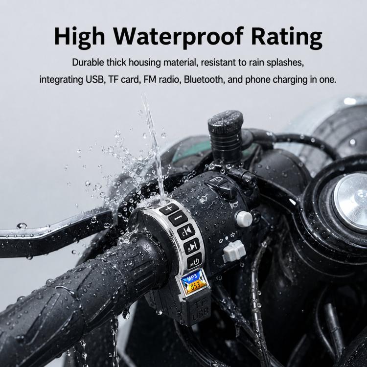 Waterproof black handlebar speaker system with splash-covered control panel