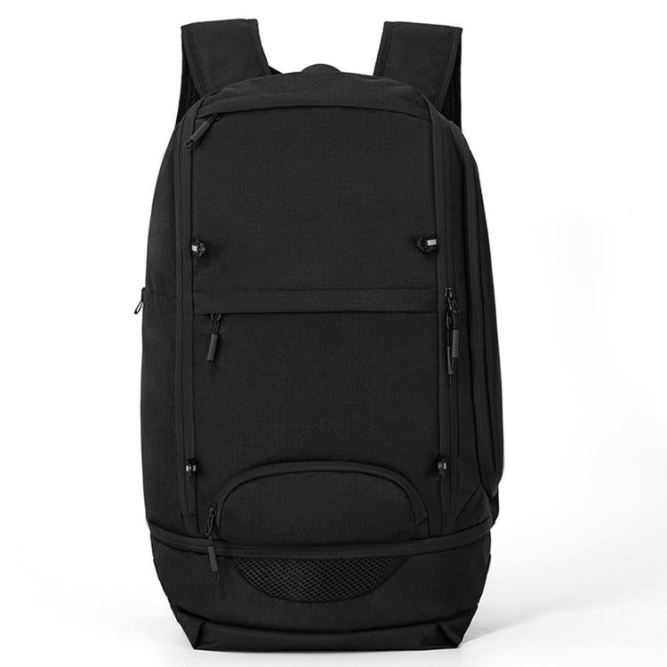 Black basketball backpack with padded straps, top handle, and front zipper pocket