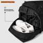Black backpack with separate shoe compartment holding white sneakers.