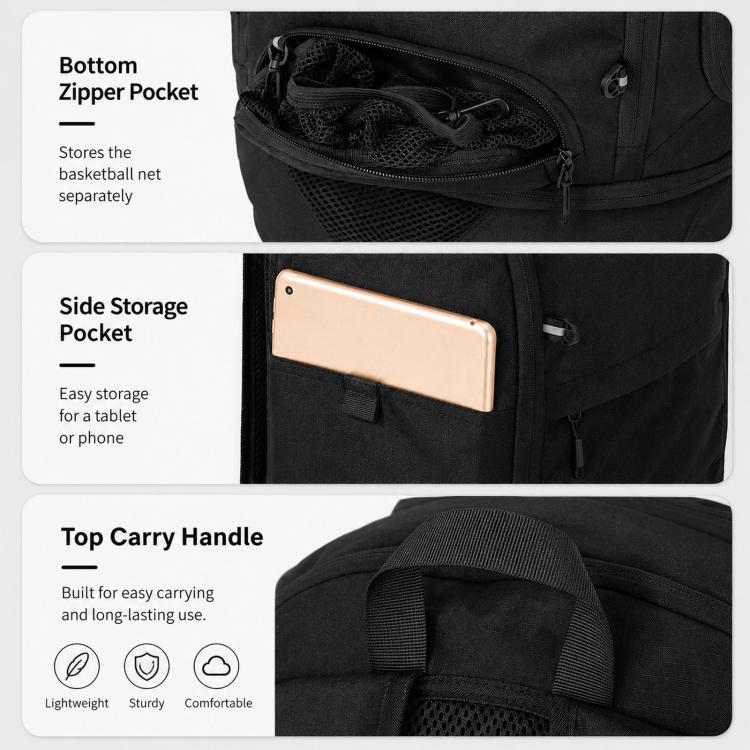 Black backpack with bottom zip pocket, side storage pocket, and top carry handle.