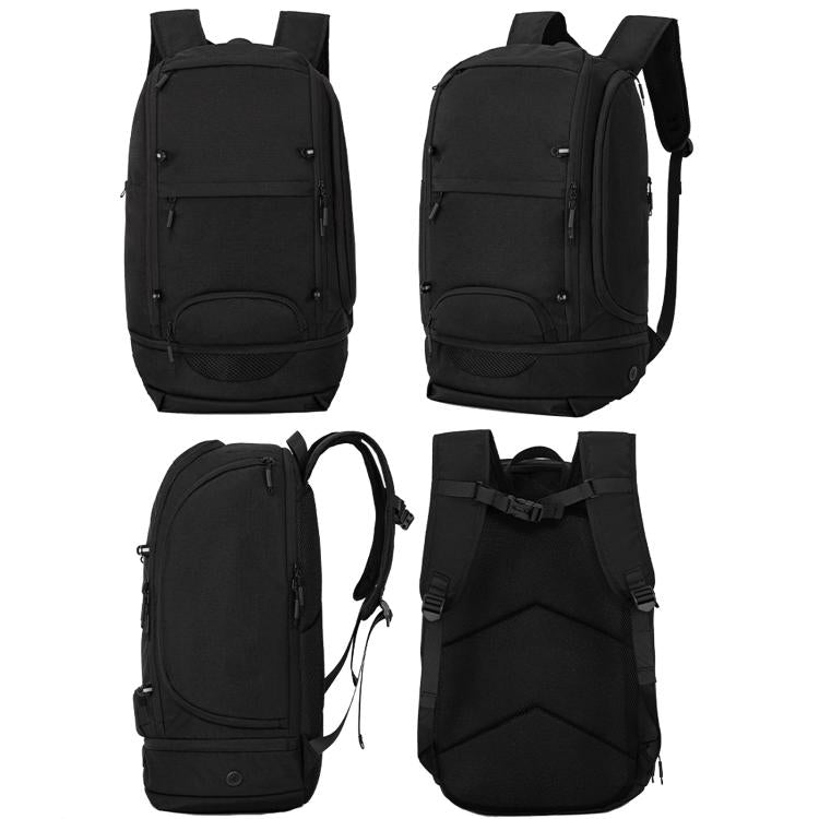 Black basketball backpack with multiple pockets and padded shoulder straps.