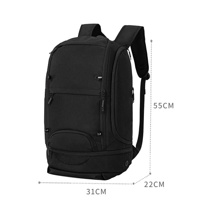 Black basketball backpack with carry handle and padded back, 55x31x22 cm dimensions.