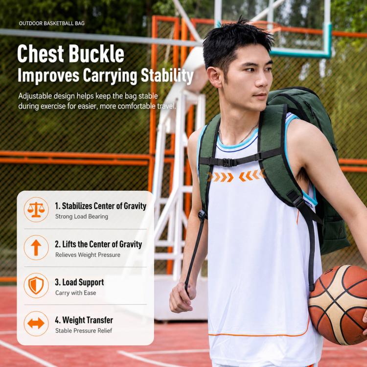 Green basketball backpack with padded straps and front zipper pocket, worn on back