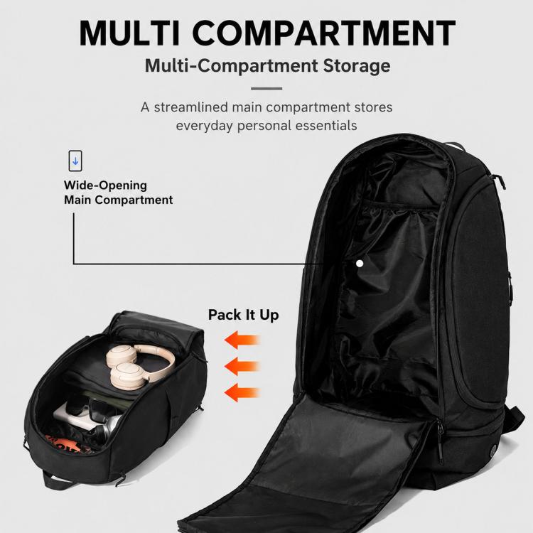 Black basketball backpack with wide-opening main compartment for multi-item storage.