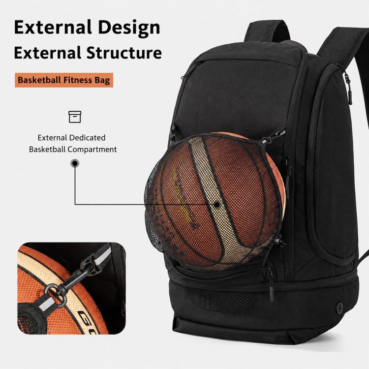 Black backpack with external mesh basketball compartment and padded back panel.