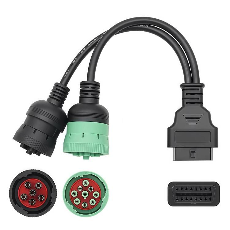 Truck OBD diagnostic adapter cable with 9+6 pin connectors, black/green plugs and wiring