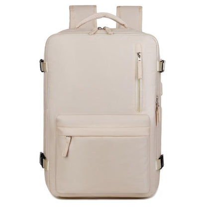 Beige water-resistant travel laptop backpack with front zip pocket and carry handle