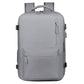 Gray water-resistant travel laptop backpack with front zip pocket and top carry handle