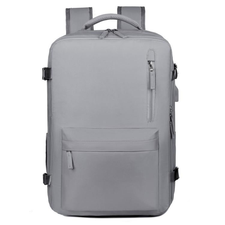 Gray water-resistant travel laptop backpack with front zip pocket and top carry handle