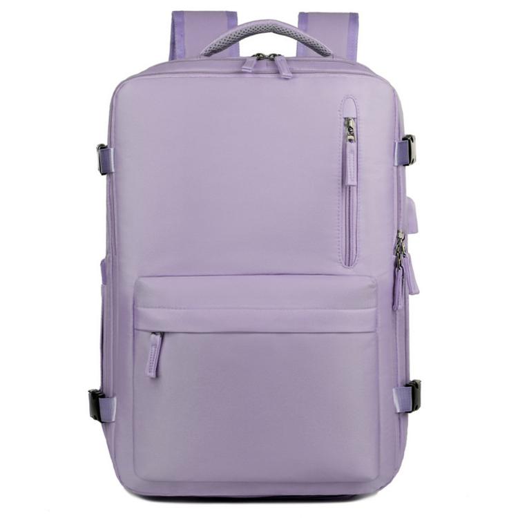 Light purple water-resistant travel laptop backpack with front zip pocket and carry handle